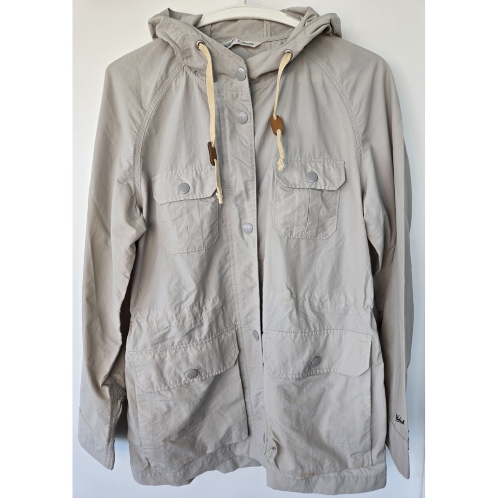 Woolrich Womens Rain Jacket Windbreaker‎ Parka Beige Grey Hooded Zip Up Size
